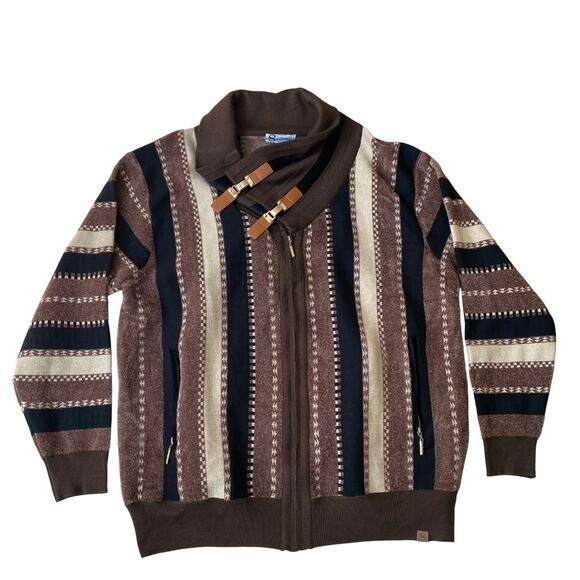 Silversilk Mens 70s Retro Shawl Collar Striped Zip Up Cardigan Sweater 4XL Brown - Picture 2 of 7